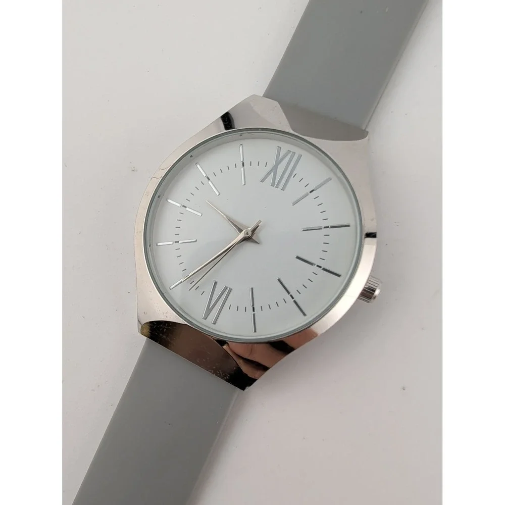 Women's Watch 38mm Silver Case Gray Silicone Band- New Battery